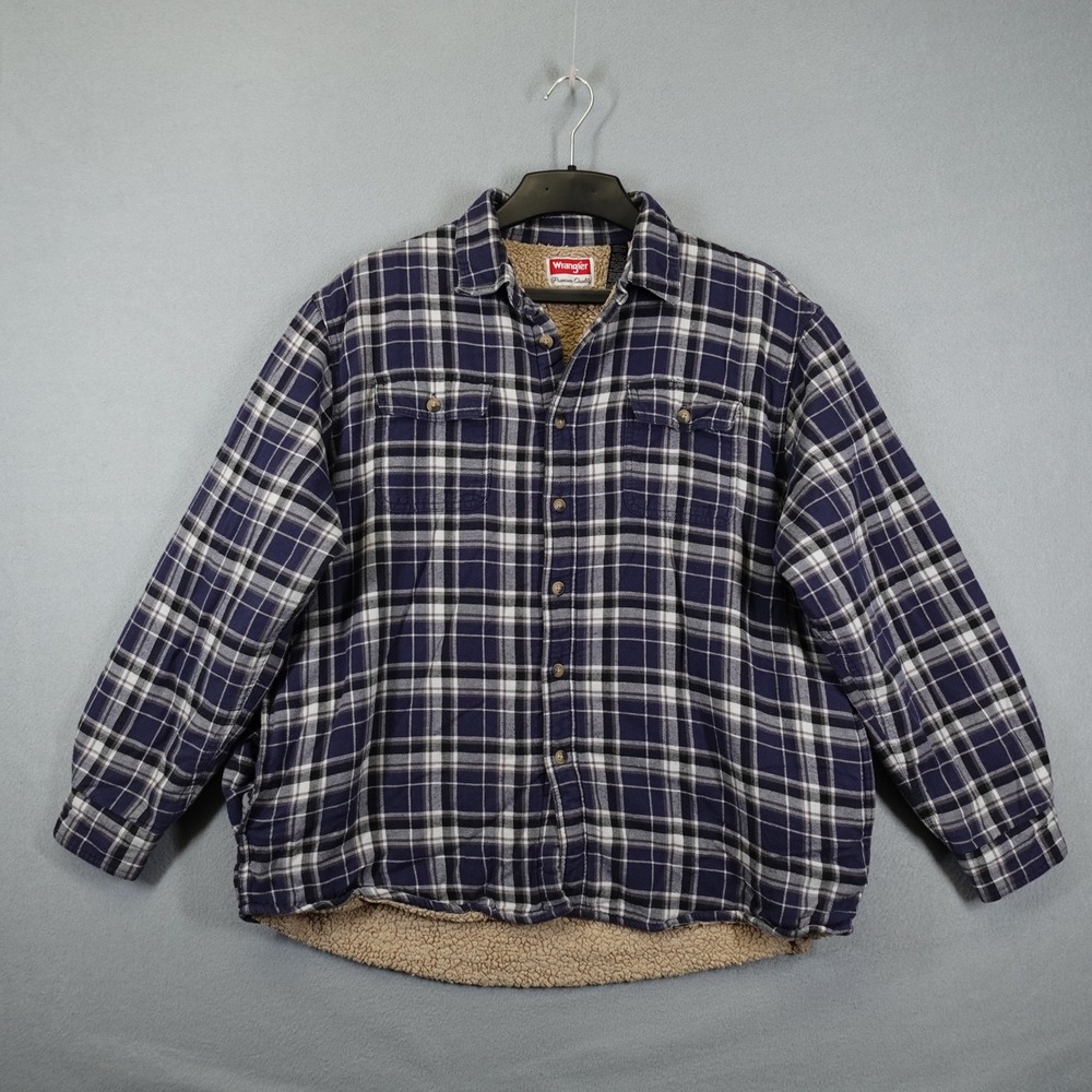 Wrangler Shirt Jacket Mens XL Blue Plaid Sherpa Lined Flannel Shacket Workwear